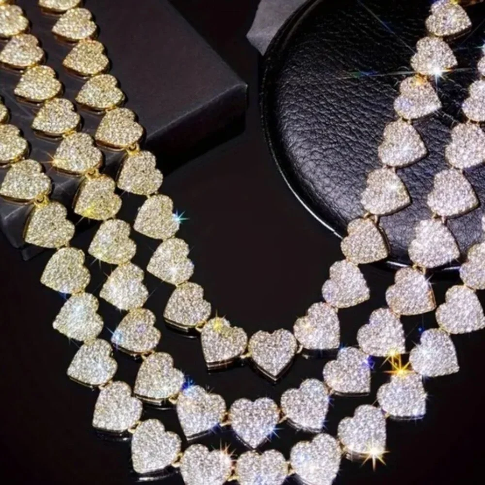 Gold Plated Heart Crystal Necklace Paved, Ice Out, Bling, Choker - Picture 12 of 14
